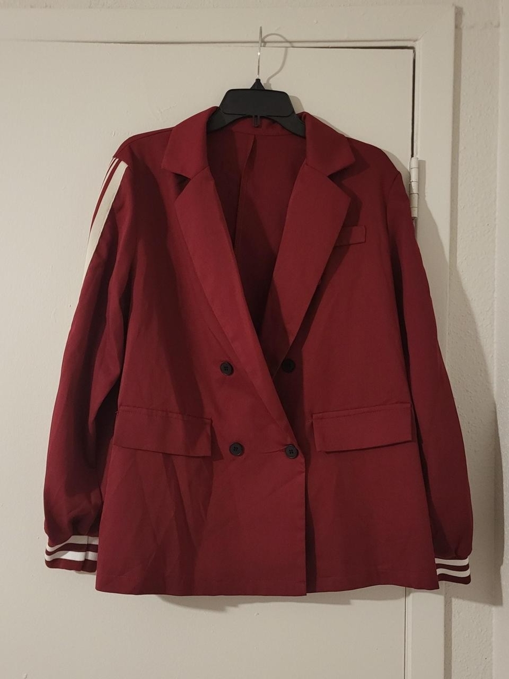Women's Double-Breasted Burgundy Blazer with Stripe Detail